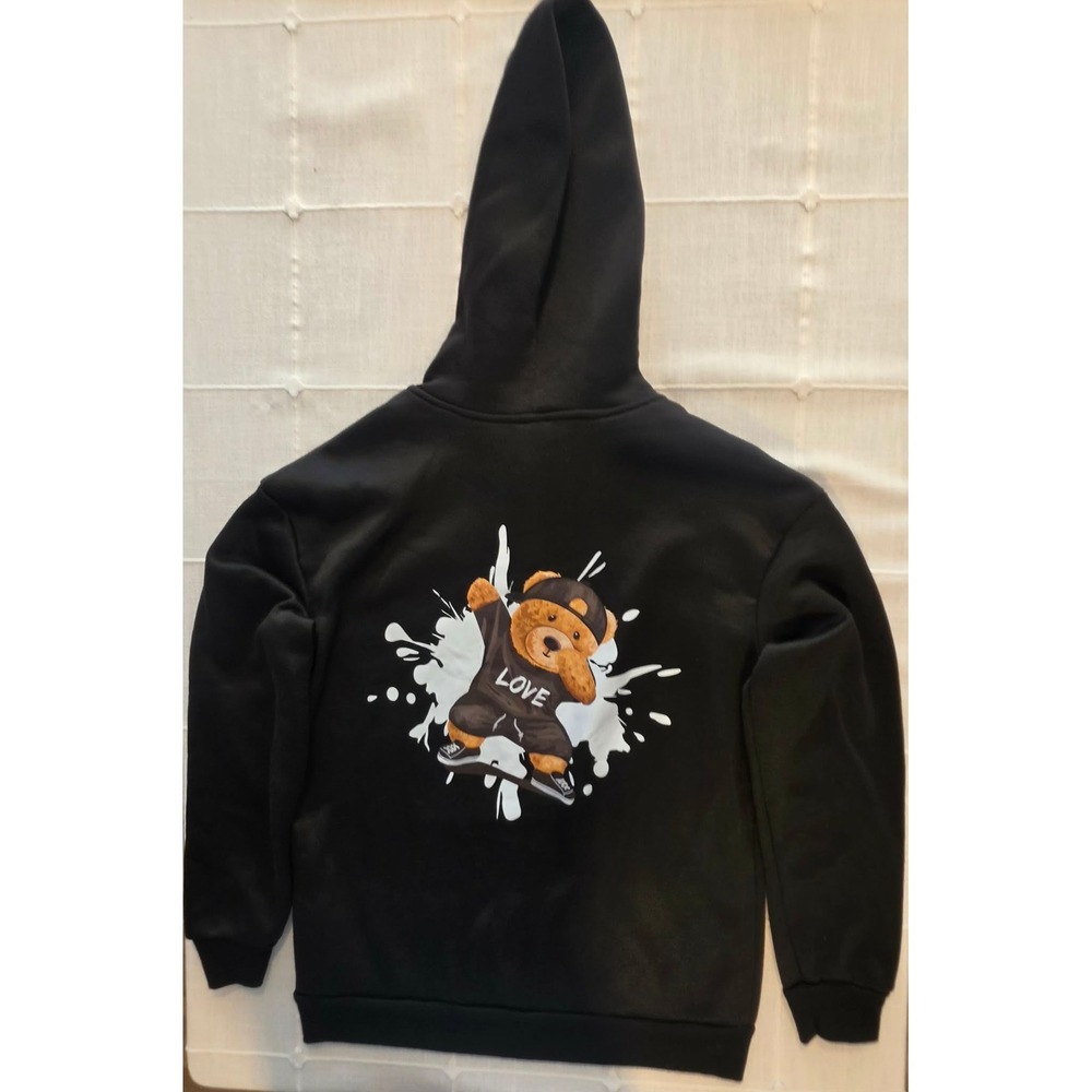SHEIN Black Dabbing Teddy Bear Love Graphic Pullover Hoodie Sweatshirt Small